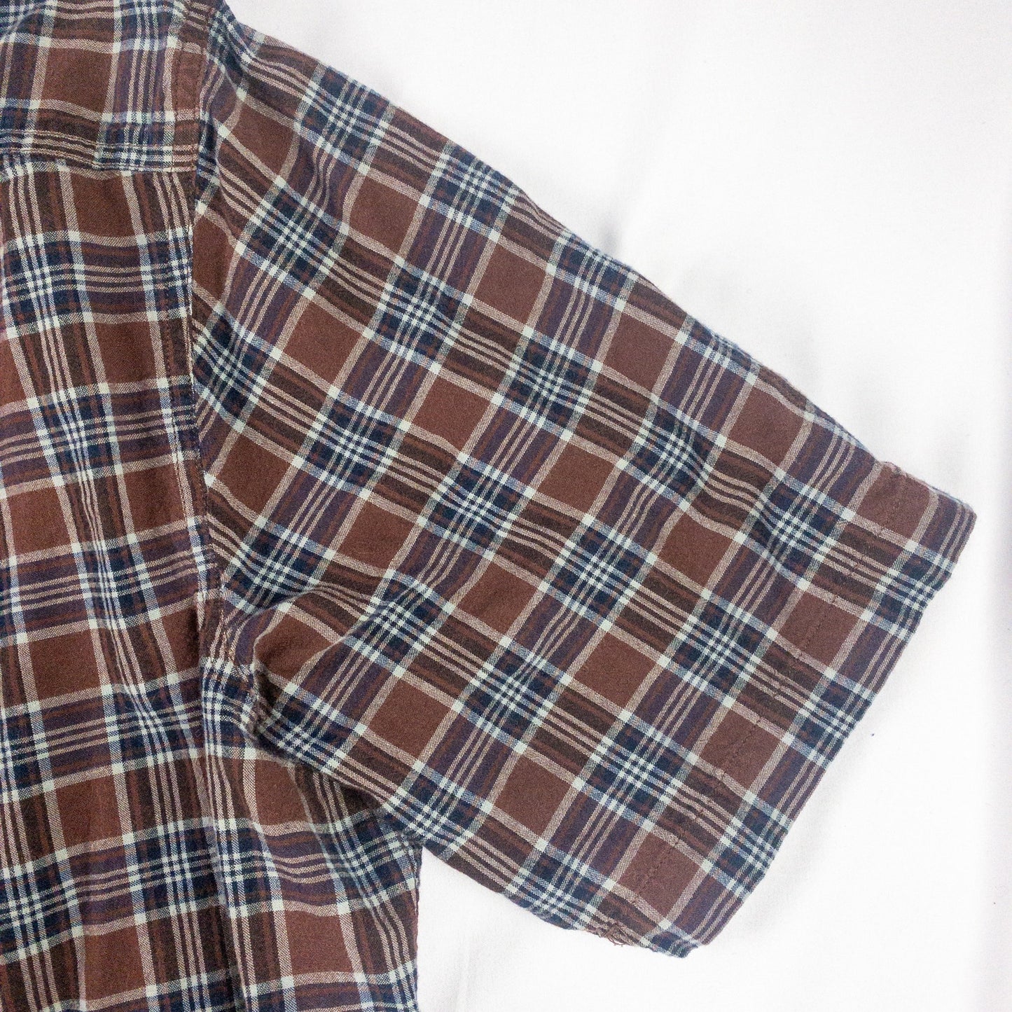 Lands End The Madras Shirt Brown Blue Striped Plaid Mens Large