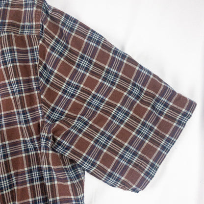 Lands End The Madras Shirt Brown Blue Striped Plaid Mens Large