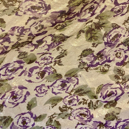 Gold Purple Floral Metallic Tassel Scarf Womens One Size