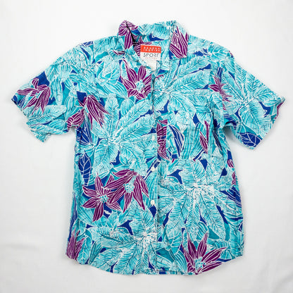 Sandra Ingrish Sport Vintage Hawaiian Blue Purple Shirt Womans Small Unisex