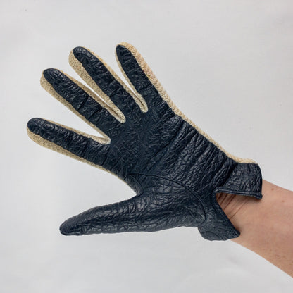 Aris Snuggler Vintage Blue Beige Vinyl Knit Gloves Womens One Size