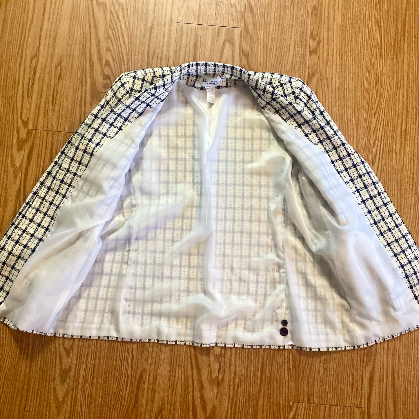 Da-Rue Vintage White Metallic Navy Plaid Blazer Womens Large