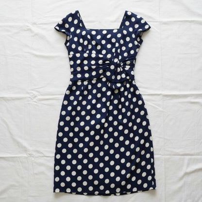 Vintage 1950s Blue Polka Dot Bow Midi Pin-up Dress Womens 0 XSmall
