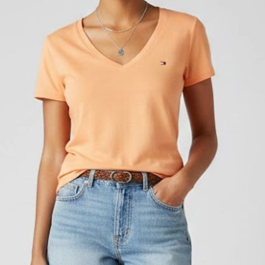 Tommy Hilfiger Orange Peach V Neck Tee Shirt Womens Medium