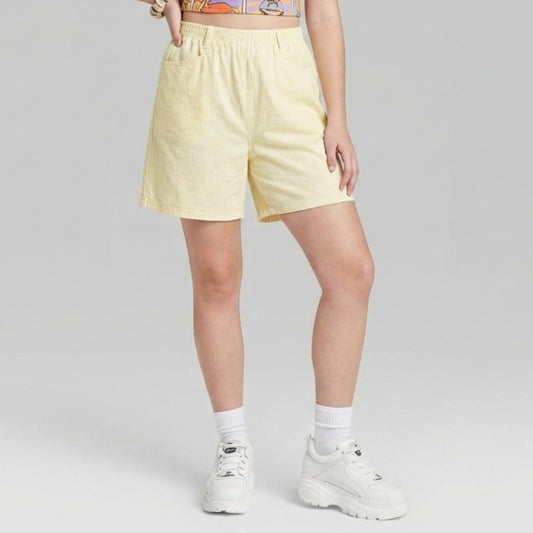 Chic Vintage 90s Yellow White Striped Long Baggy Shorts Womens 12