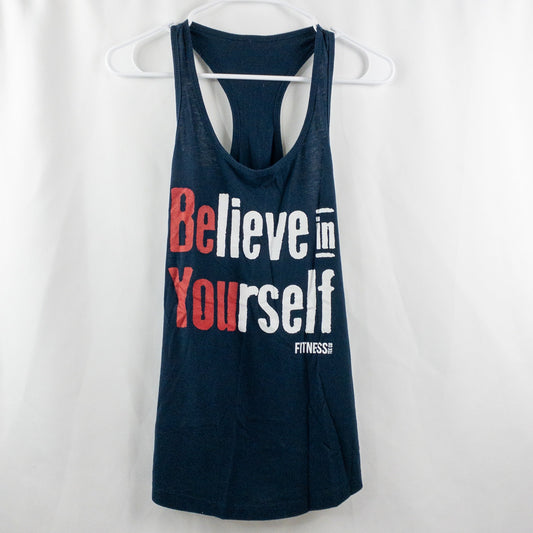 Fitness Tee Co Believe in Yourself Navy Blue Workout Tank Shirt Womens Small
