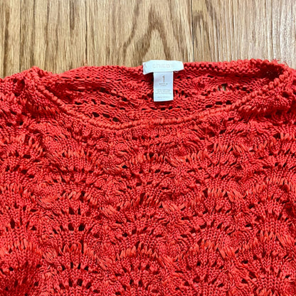 Chicos Bright Red Crochet Open Knit Sweater Top Womens 1 Medium