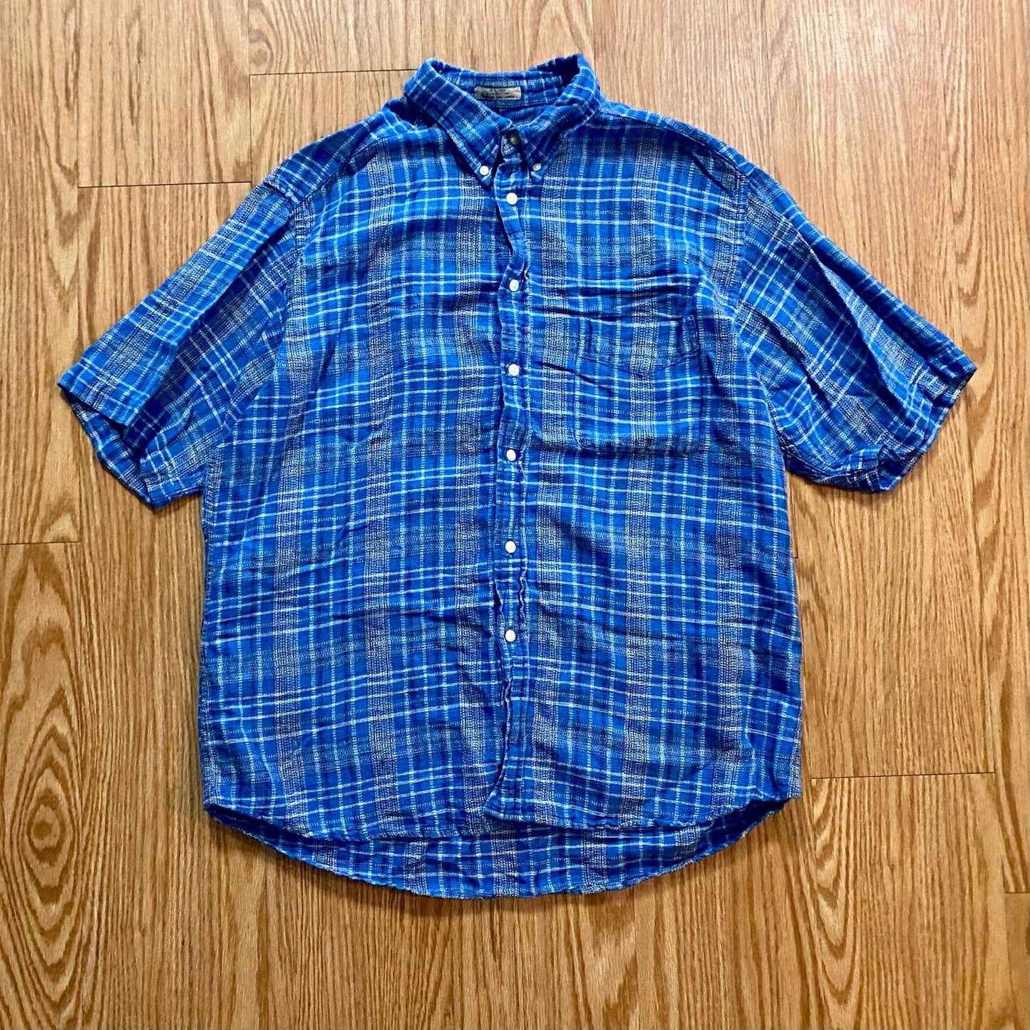 Arnold Palmer Sportswear Vintage Blue Plaid Linen Golf Shirt Mens XLarge