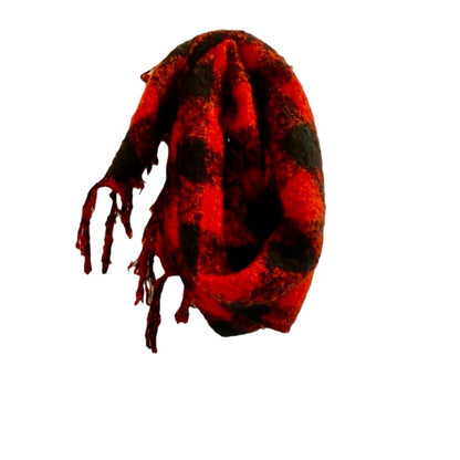 Classic Red & Black Buffalo Plaid Tassel Scarf Unisex Womens One Size