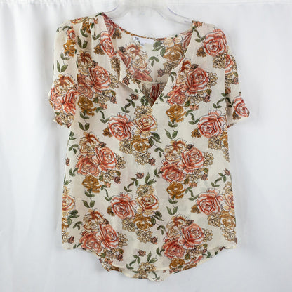 DR2 Floral Rose Beige Pink Sheer Blouse Top Womens Medium