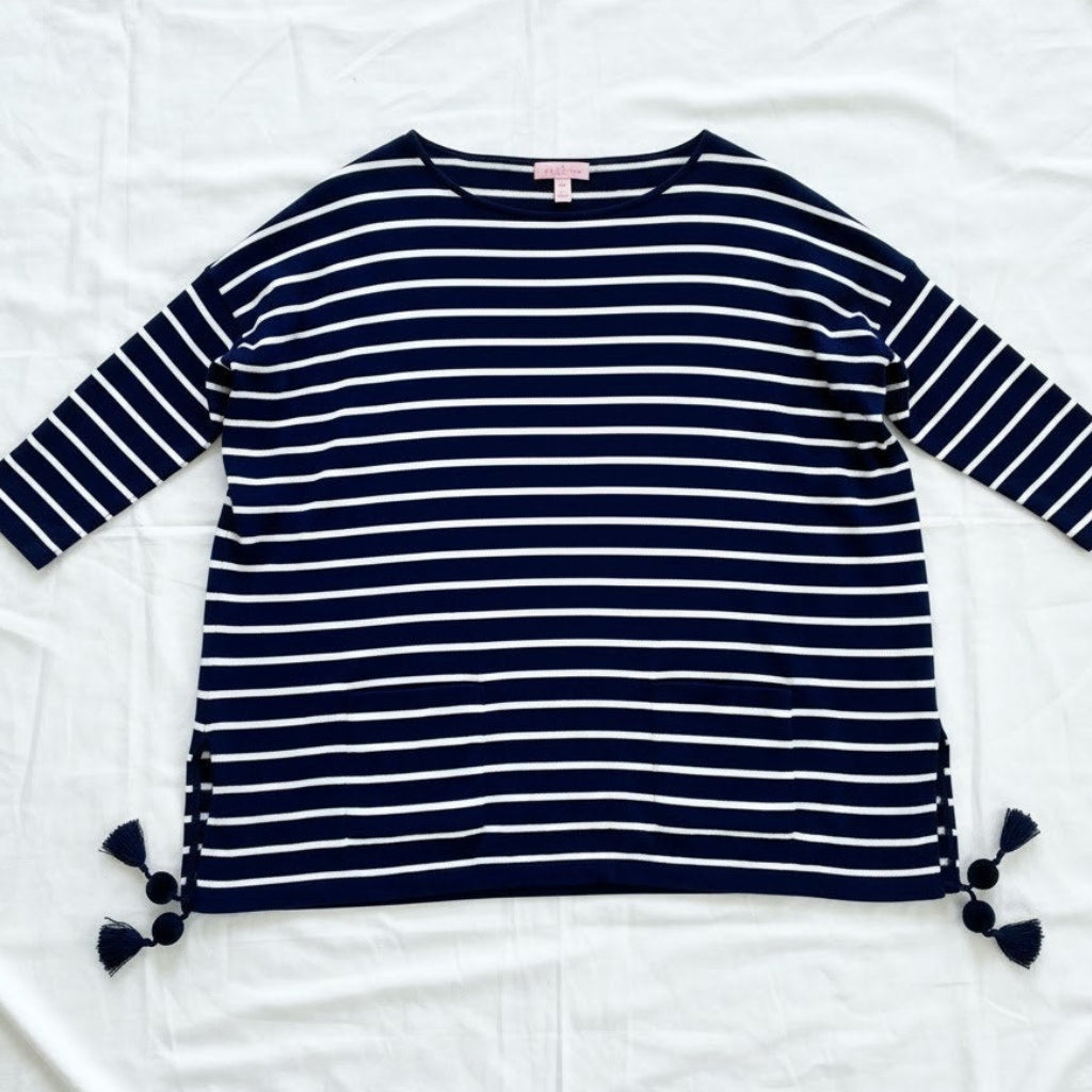 Lilly Pulitzer Navy Blue White Striped Tassel Sweater Womens XSmall