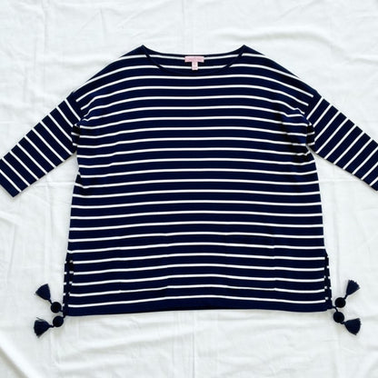 Lilly Pulitzer Navy Blue White Striped Tassel Sweater Womens XSmall