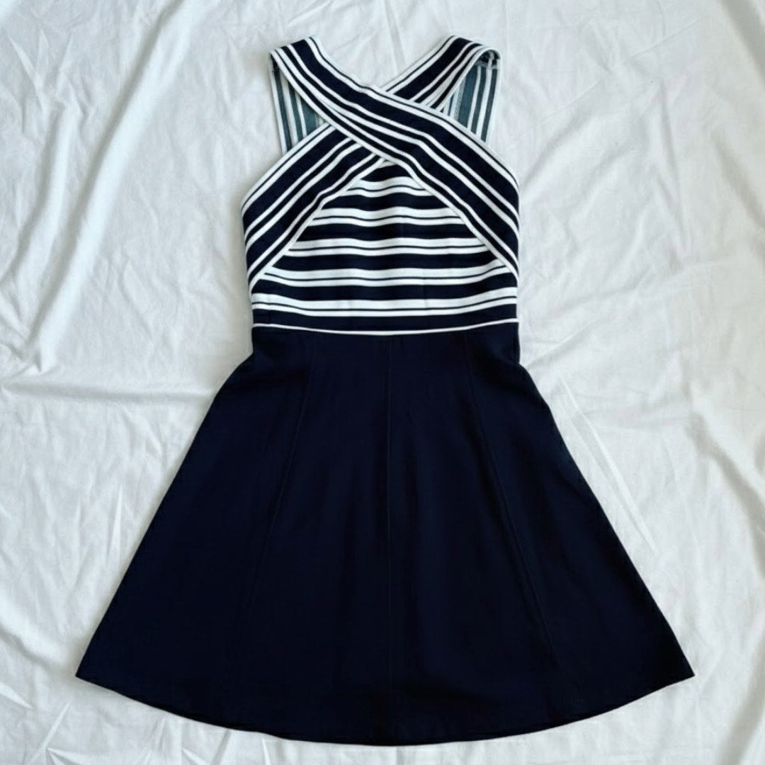 Anthropologie Maeve Black White Crosswise Stripe Fit & Flare Mini Dress Womens 6