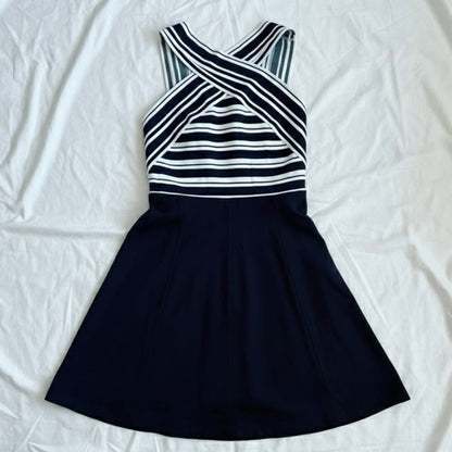 Anthropologie Maeve Black White Crosswise Stripe Fit & Flare Mini Dress Womens 6