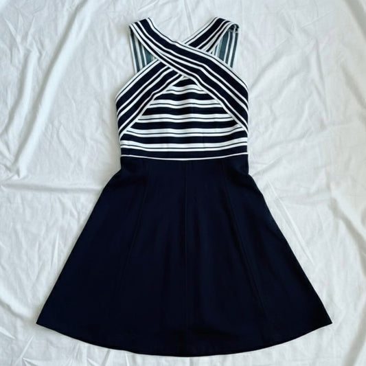Anthropologie Maeve Black White Crosswise Stripe Fit & Flare Mini Dress Womens 6
