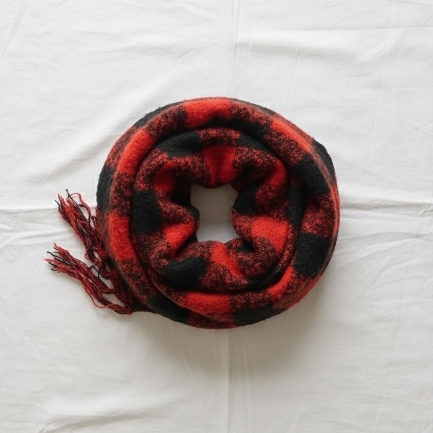 Classic Red & Black Buffalo Plaid Tassel Scarf Unisex Womens One Size