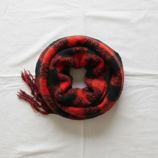 Classic Red & Black Buffalo Plaid Tassel Scarf Unisex Womens One Size