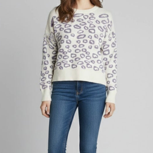 And The Why Cropped Purple Leopard Animal Spot Sweater Top Womens Small Medium