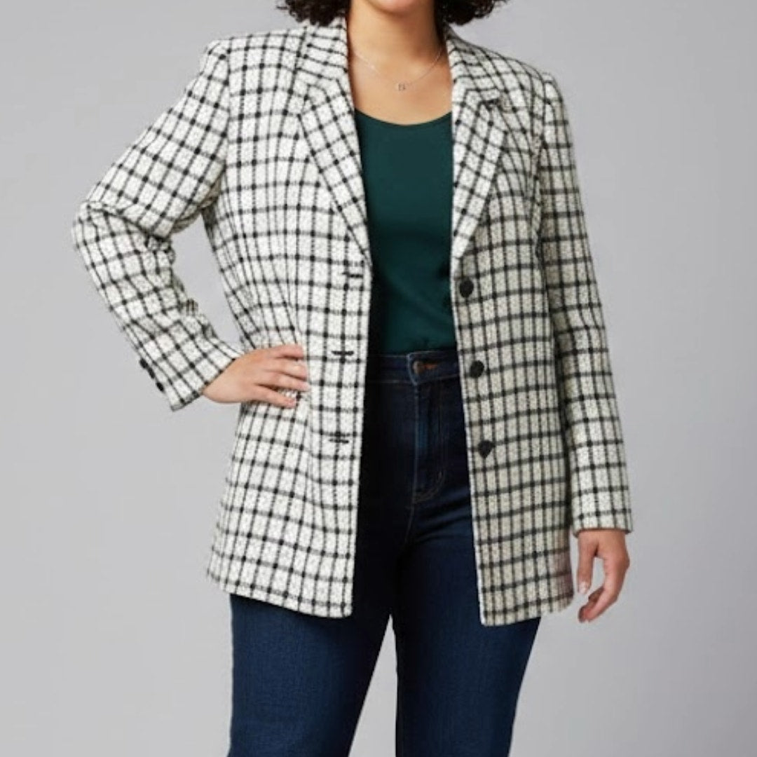 Da-Rue Vintage White Metallic Navy Plaid Blazer Womens Large