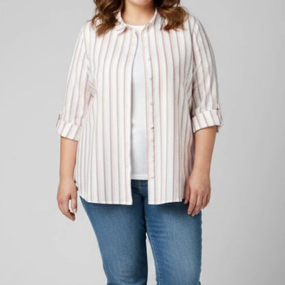 Chicos Striped Pink Orange Linen Button-up Shirt Top Womens XLarge 16/18