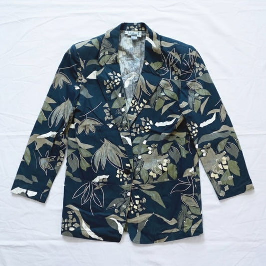 Rafaella Vintage Oversized Black Green Floral Ramie Blazer Womens 8