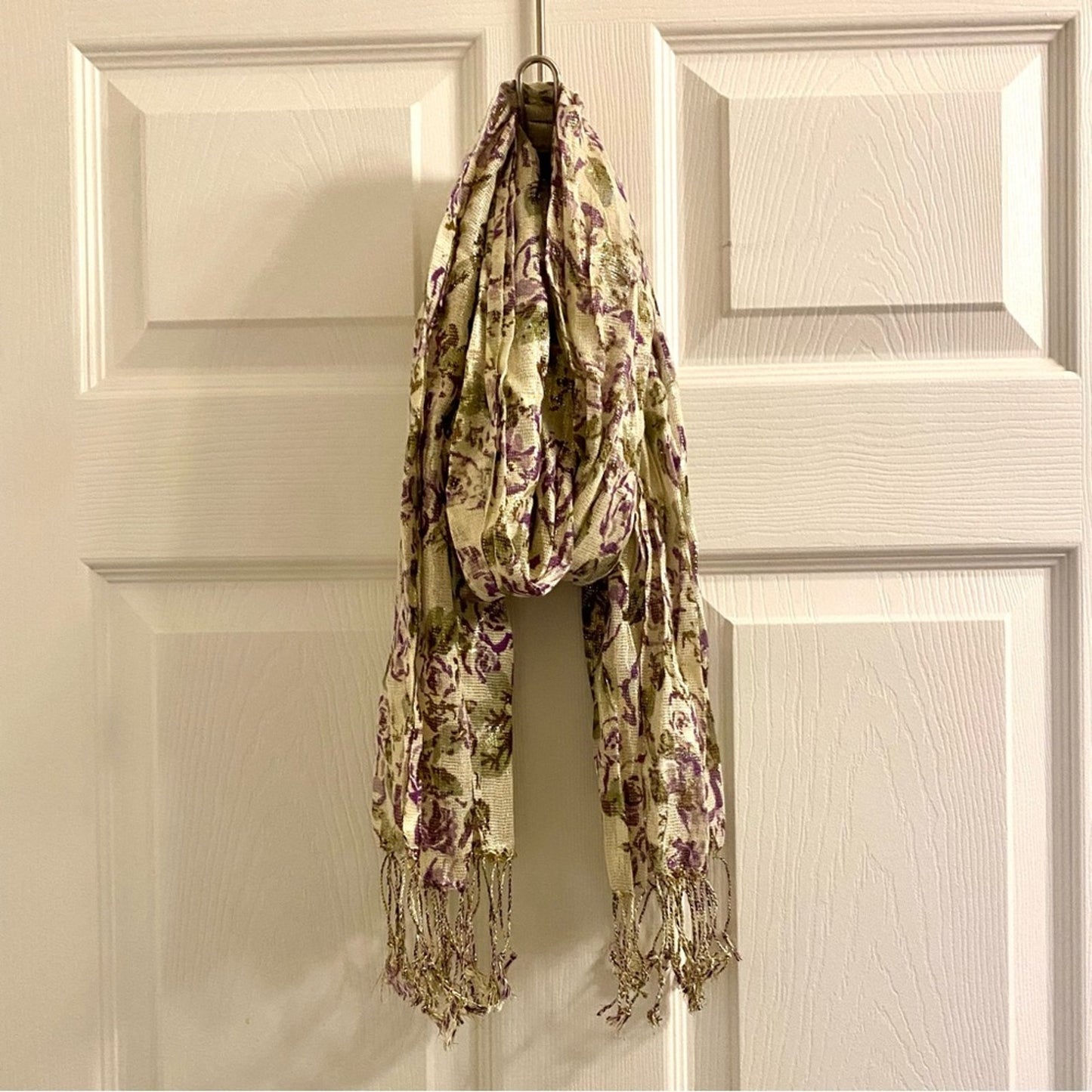 Gold Purple Floral Metallic Tassel Scarf Womens One Size