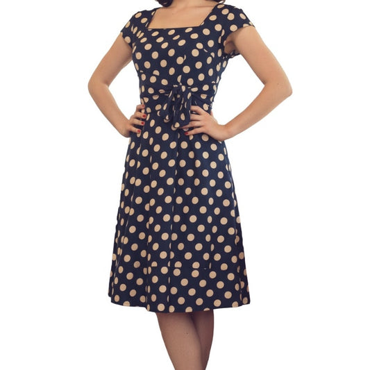 Vintage 1950s Blue Polka Dot Bow Midi Pin-up Dress Womens 0 XSmall