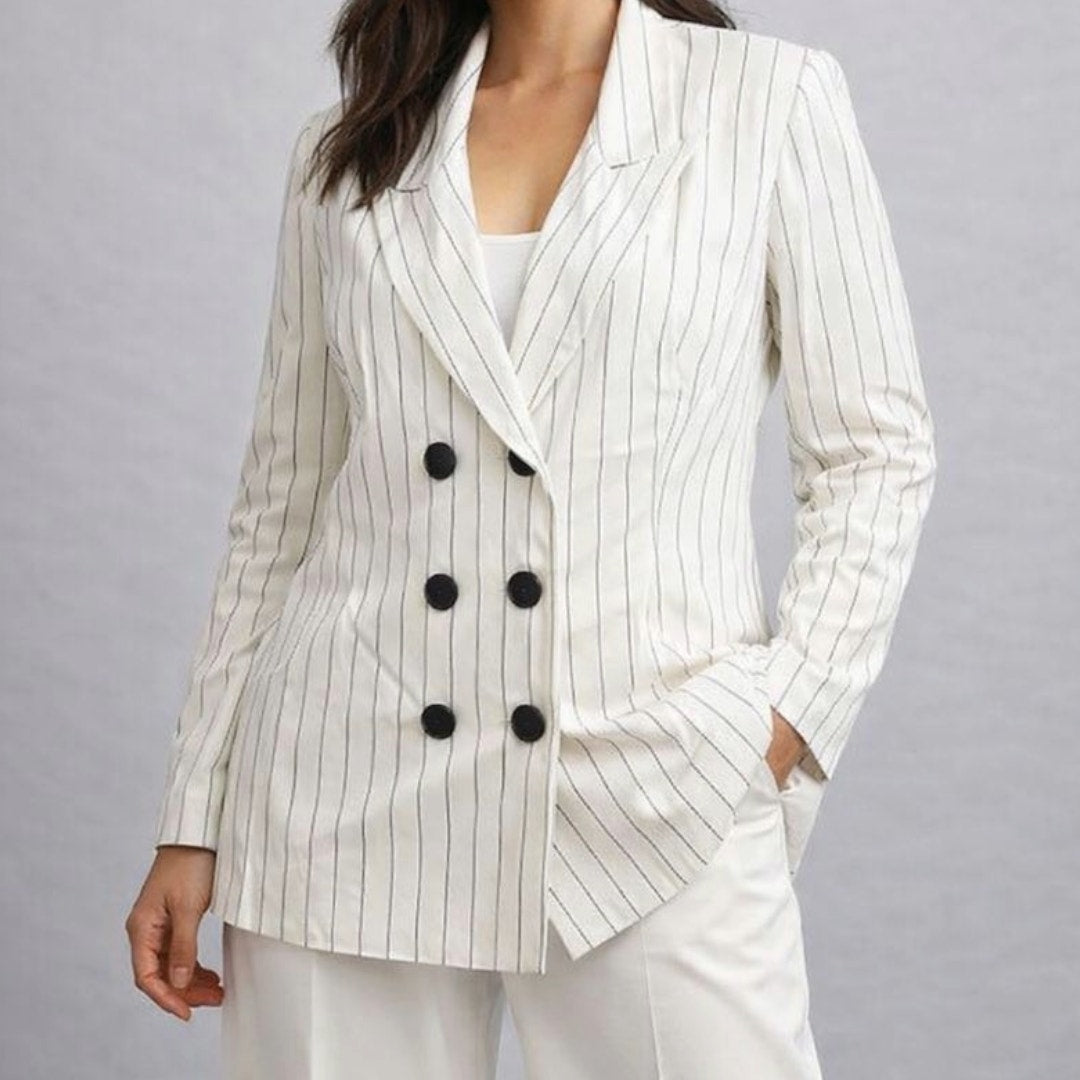 Francine Browner Vintage White Stripe Long Oversized Blazer Womens 6