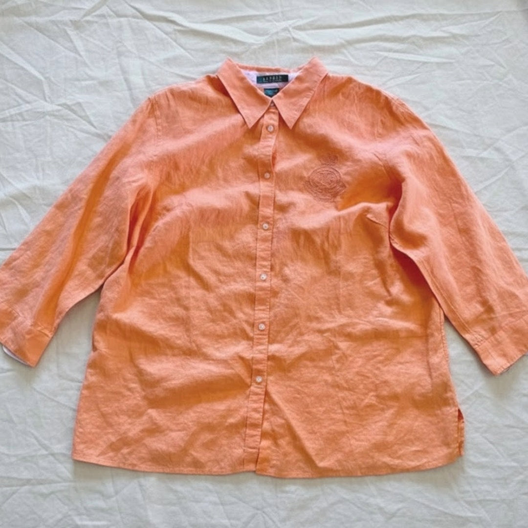 Lauren Ralph Lauren Orange Linen Button-up Shirt Top Blouse Womens 1x Plus Size