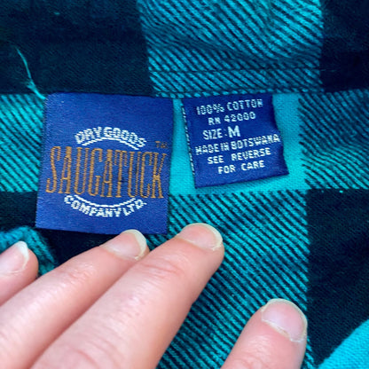 Saugatuck Dry Goods Green Teal Plaid Flannel Shirt Mens Medium
