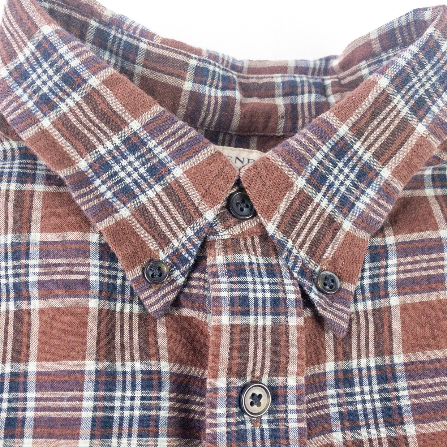 Lands End The Madras Shirt Brown Blue Striped Plaid Mens Large