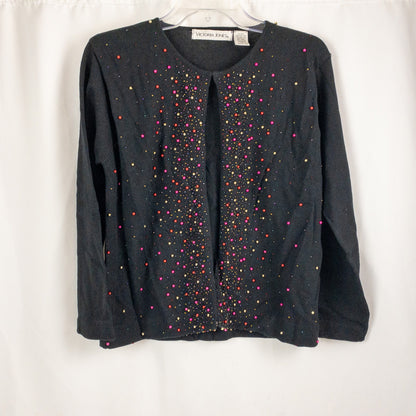 Victoria Jones Black Beaded Open Cardigan Sweater Womens Medium