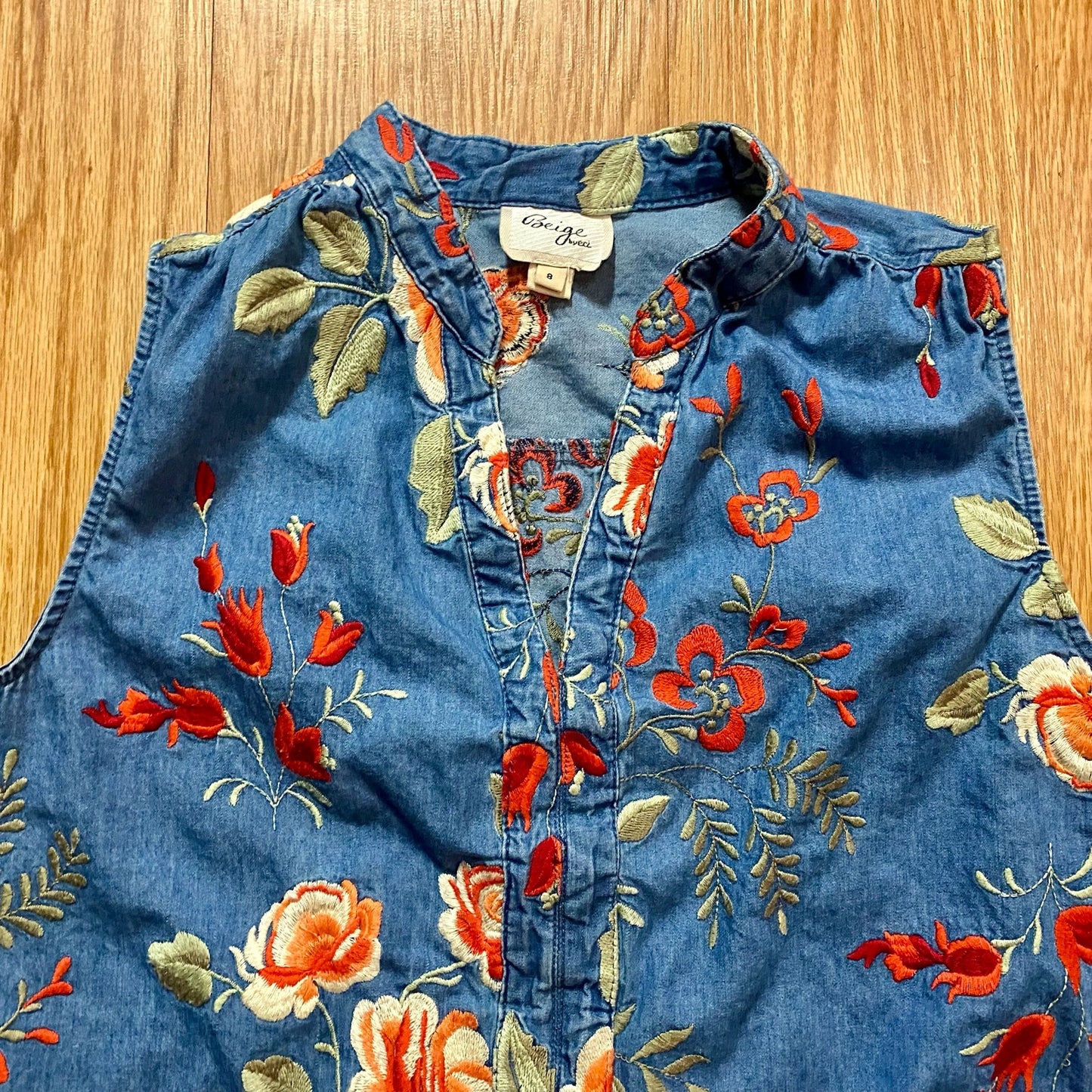 Beige by ECI Blue Floral Embroidered Dress Womens 8