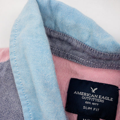 American Eagle Slim Fit Colorblock Pink Blue Button Shirt Mens Medium