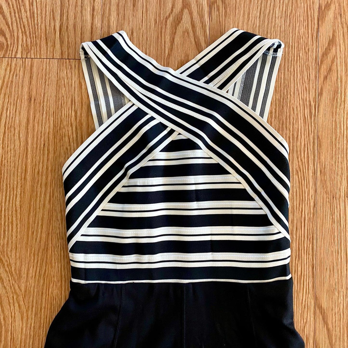 Anthropologie Maeve Black White Crosswise Stripe Fit & Flare Mini Dress Womens 6