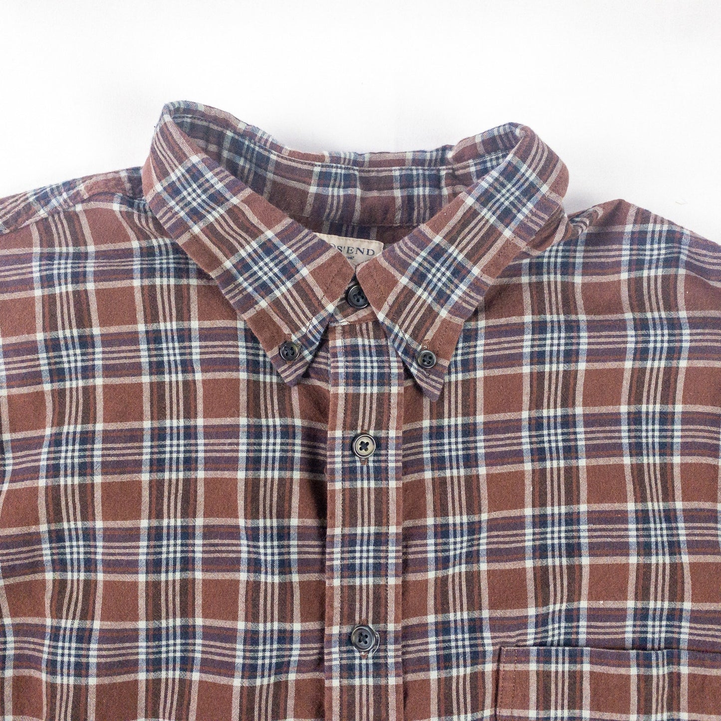Lands End The Madras Shirt Brown Blue Striped Plaid Mens Large
