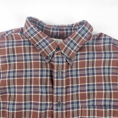 Lands End The Madras Shirt Brown Blue Striped Plaid Mens Large