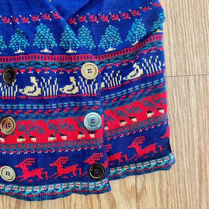 Vintage Blue Knit Cotton Christmas Holiday Sweater Vest Reindeer Womens Medium