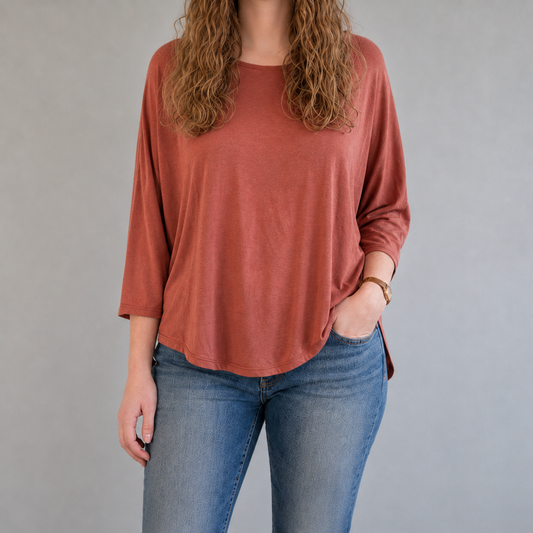Green Envelope Orange Rust Back Button Top Womens Small