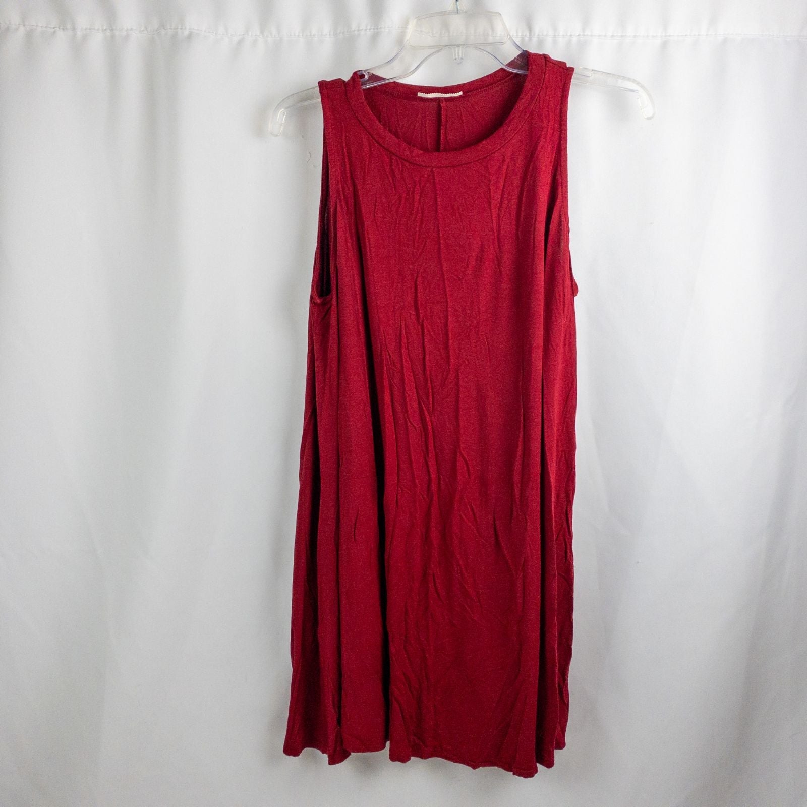 Maitai women's large red sleeveless swing dress hanging on transparent hanger