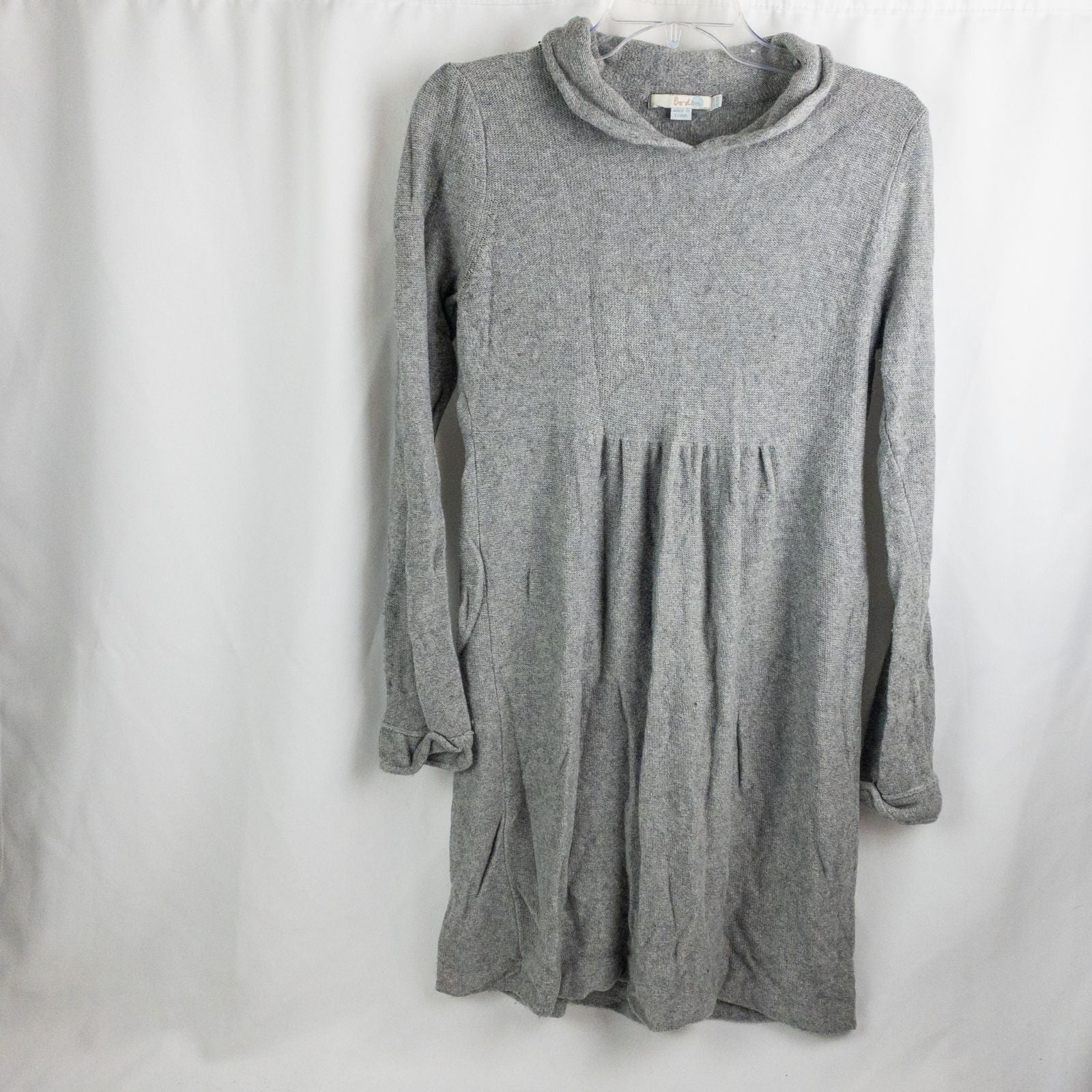 Boden gray cashmere sweater dress womens size 10 front and back views with close-ups of cowl neck and cuff details