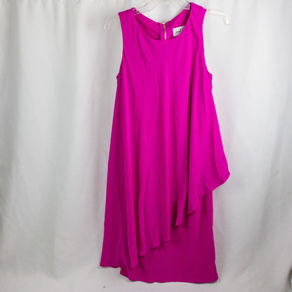Joseph Ribkoff pink sleeveless dress with asymmetrical layered detail and back zipper on hanger