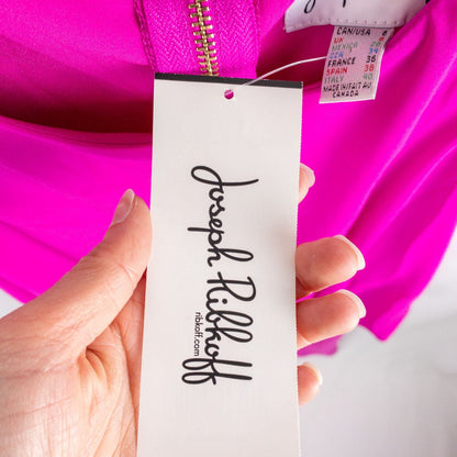 Joseph Ribkoff pink sleeveless dress with asymmetrical layered detail and back zipper on hanger image 13