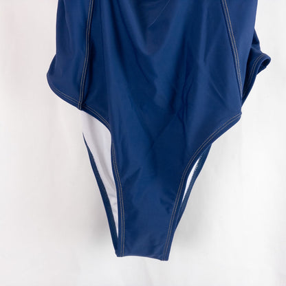 Blue Cupshe one piece swimsuit with cutout and knot detailing front view on hanger image 4