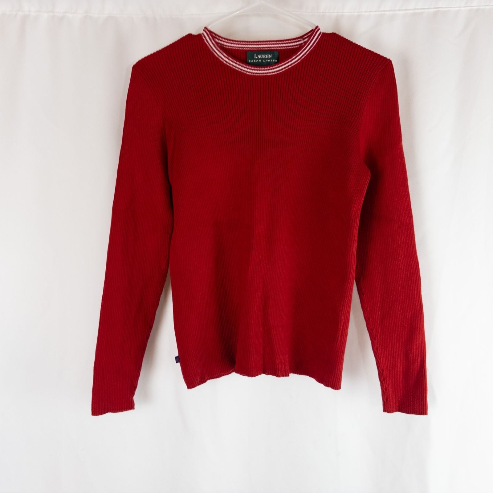 Lauren Ralph Lauren vintage red ribbed cotton sweater with striped crew neckline on hanger