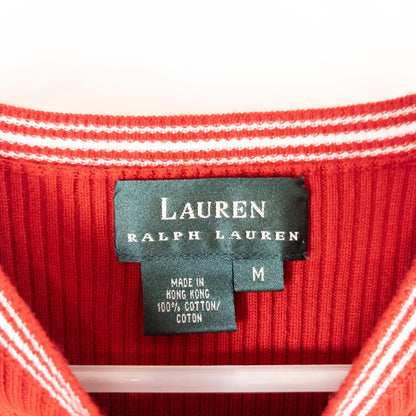Lauren Ralph Lauren vintage red ribbed cotton sweater with striped crew neckline on hanger image 6