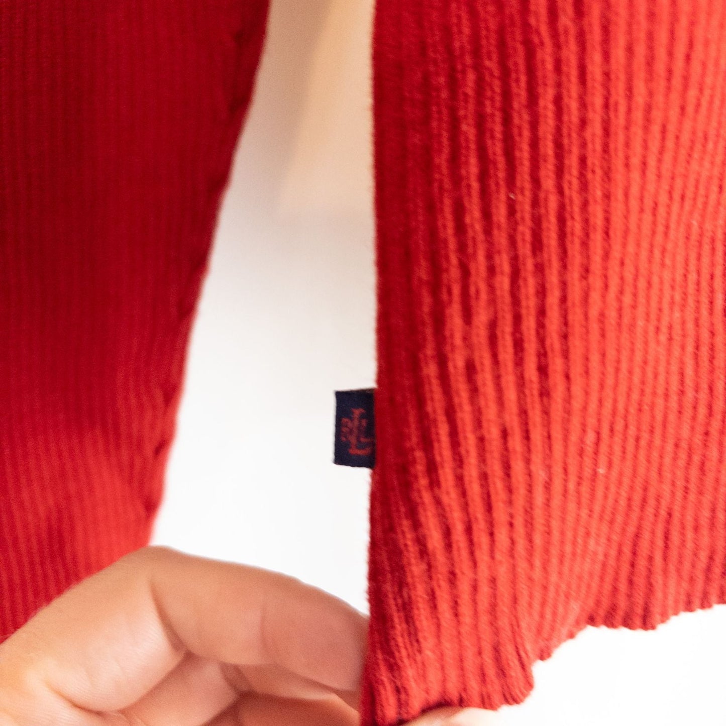 Lauren Ralph Lauren vintage red ribbed cotton sweater with striped crew neckline on hanger image 3
