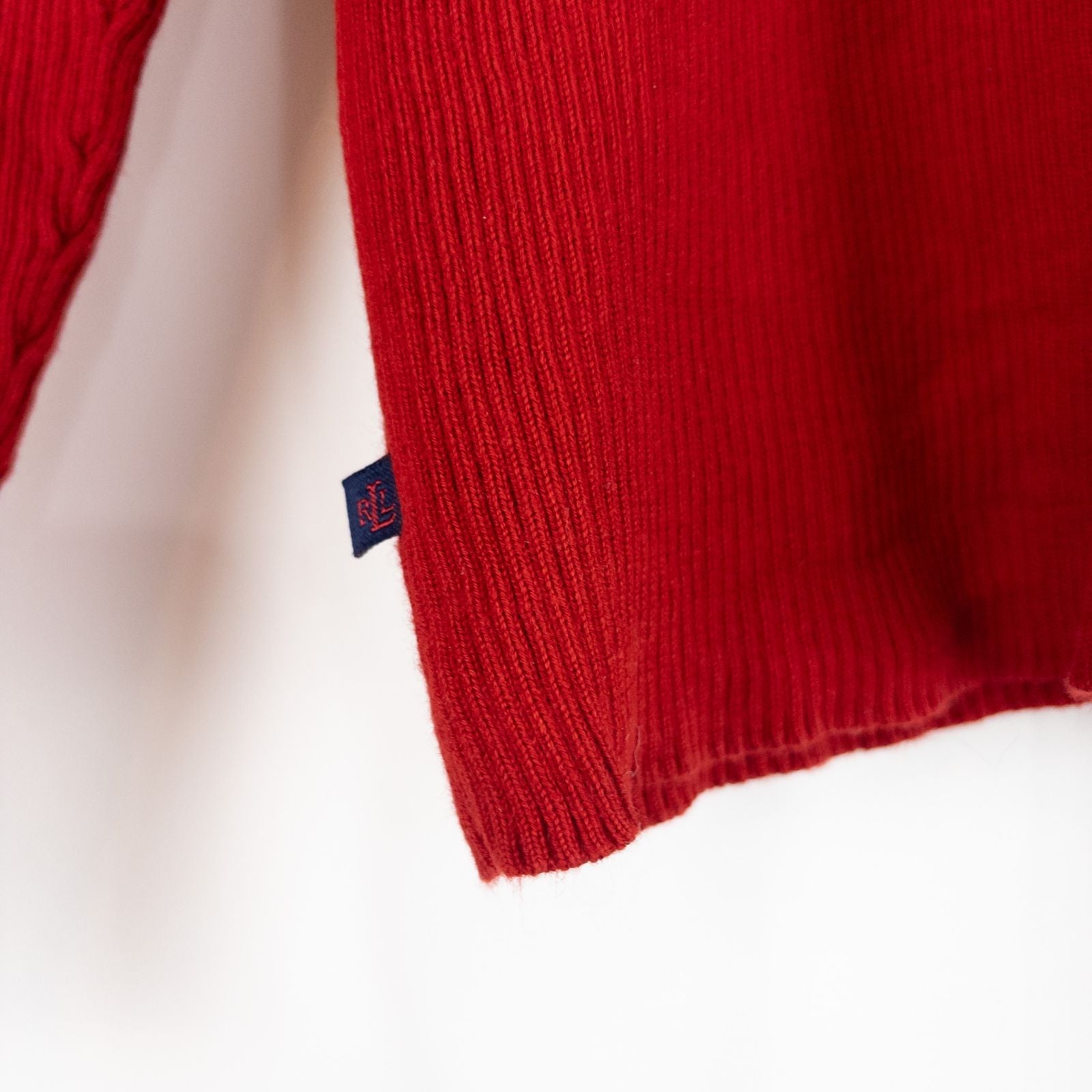 Lauren Ralph Lauren vintage red ribbed cotton sweater with striped crew neckline on hanger image 2