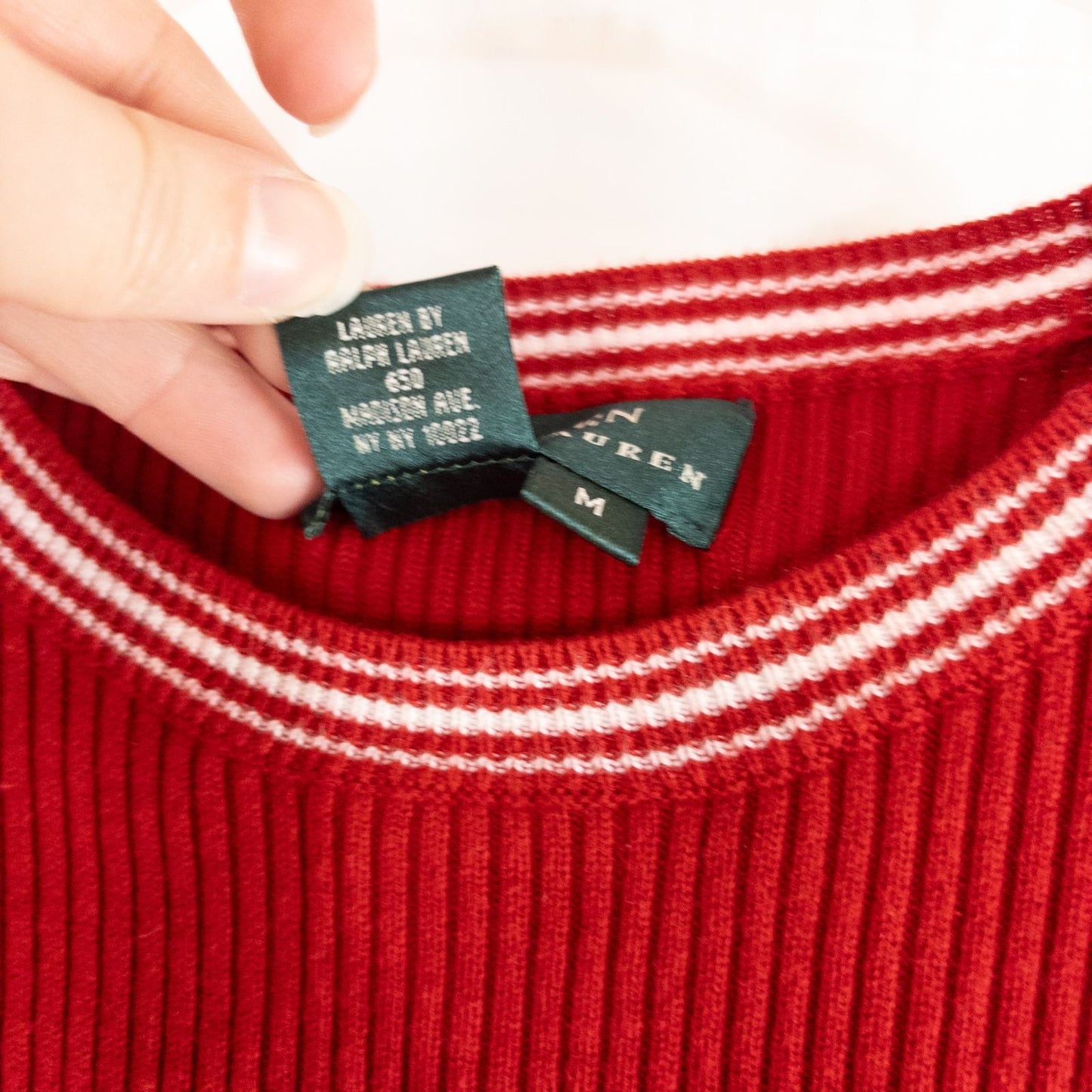 Lauren Ralph Lauren vintage red ribbed cotton sweater with striped crew neckline on hanger image 7