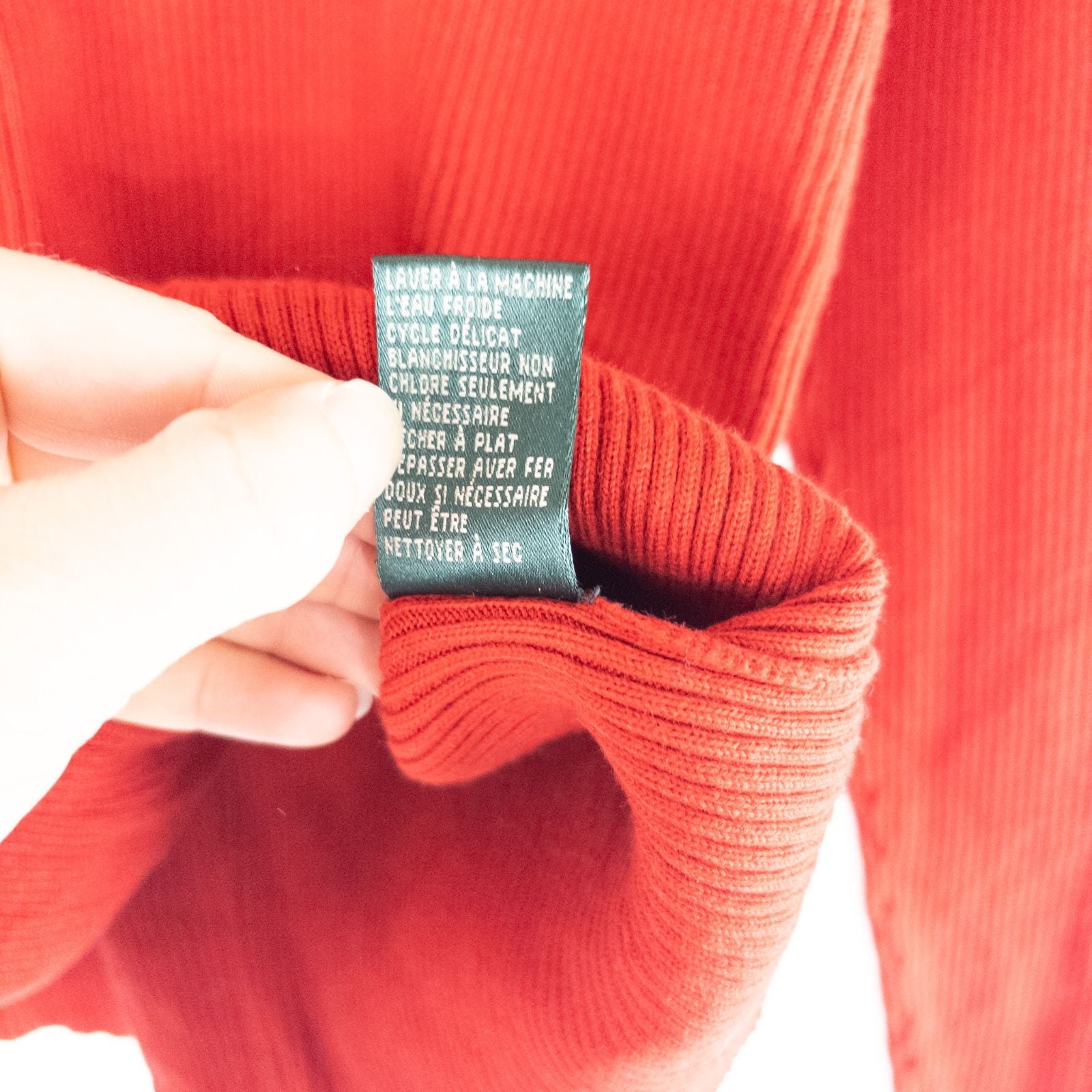 Lauren Ralph Lauren vintage red ribbed cotton sweater with striped crew neckline on hanger image 9